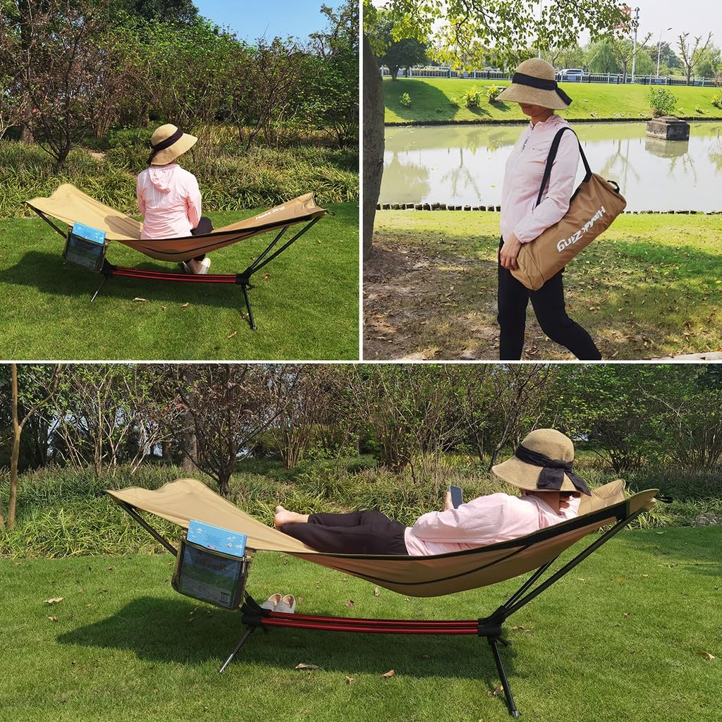 Hawk Zing Freestanding Hammock Folding Aluminum Bed Cot Chair Bed Outdoor Camping Leisure Indoor Outdoor Balcony Stand (Brown Color)