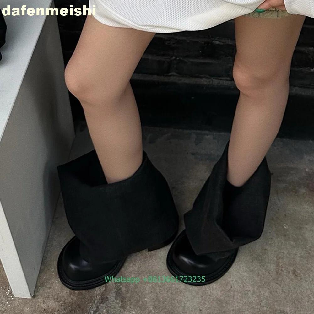 Fashion Big Round Toe Denim Turned-Over Edge Boots 2025 New Fashion Women Black/blue Mid-Calf Trouser Boots Chunky Heel Cowboy Boots