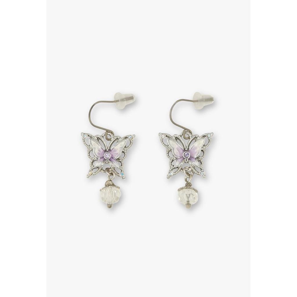 ANNA SUI Butterfly Motif Dangle Hook Earrings Silver Plated Titanium Post SAMA1540 XW