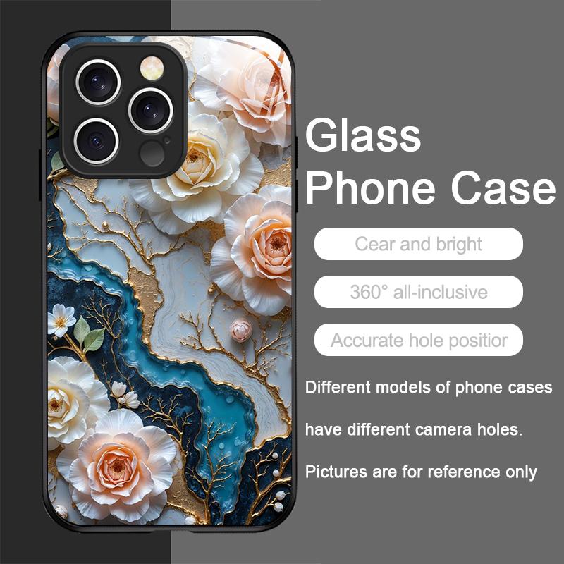 Stylish White Camellia Flower Marble Texture Tempered Glass Phone Case for IPhone 17 16 Pro Max 15 14 Plus 13 12 Mini 11 X Cover