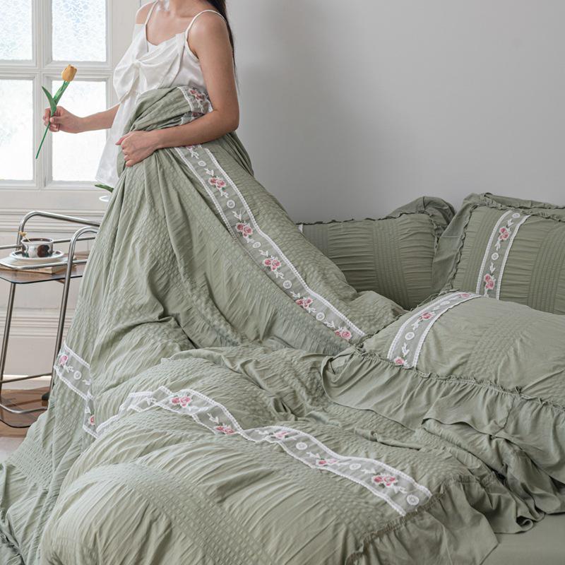 French Seersucker Embroidered Lace Duvet & Sheet Set, 3-Piece Bedding