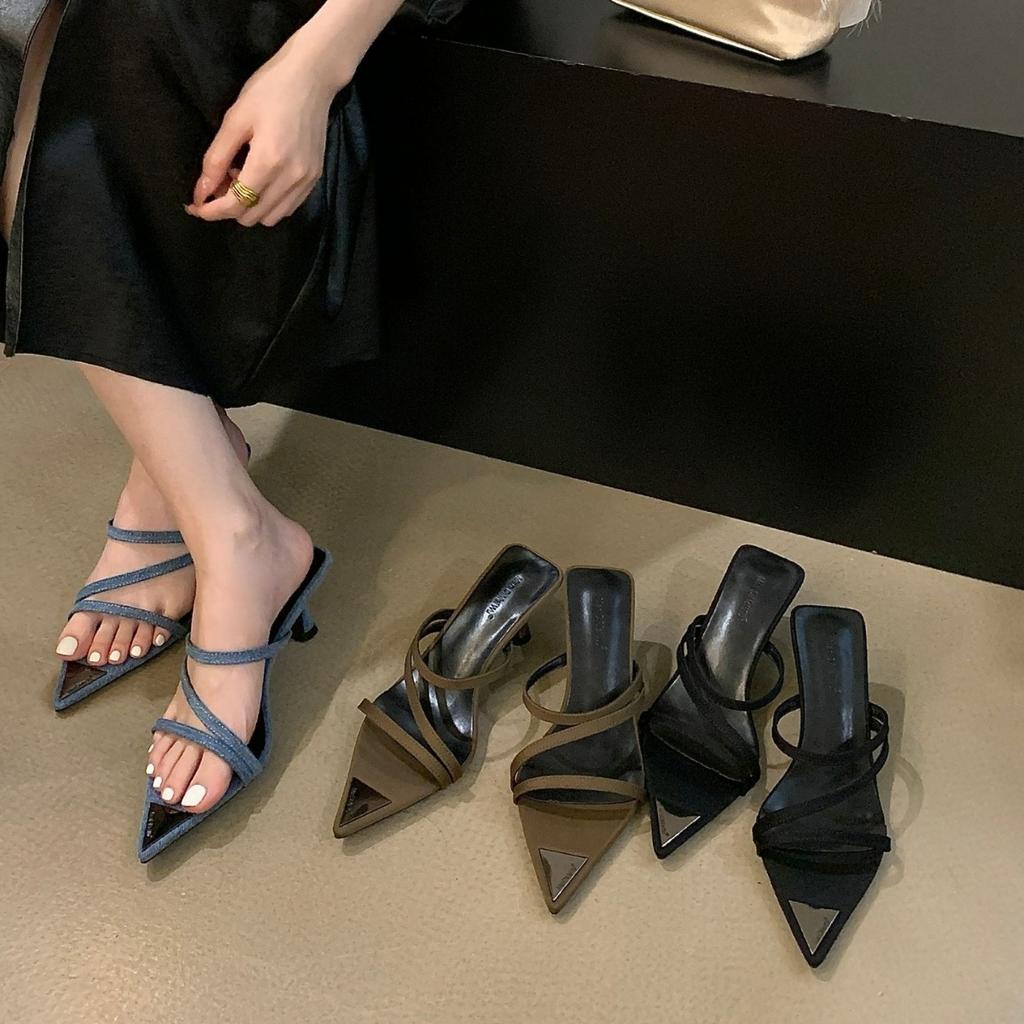 2025 Spring and Autumn New Korean Niche Simple Pointed Cross with Open Toe Thin Heel High Heel Cool Slippers Women