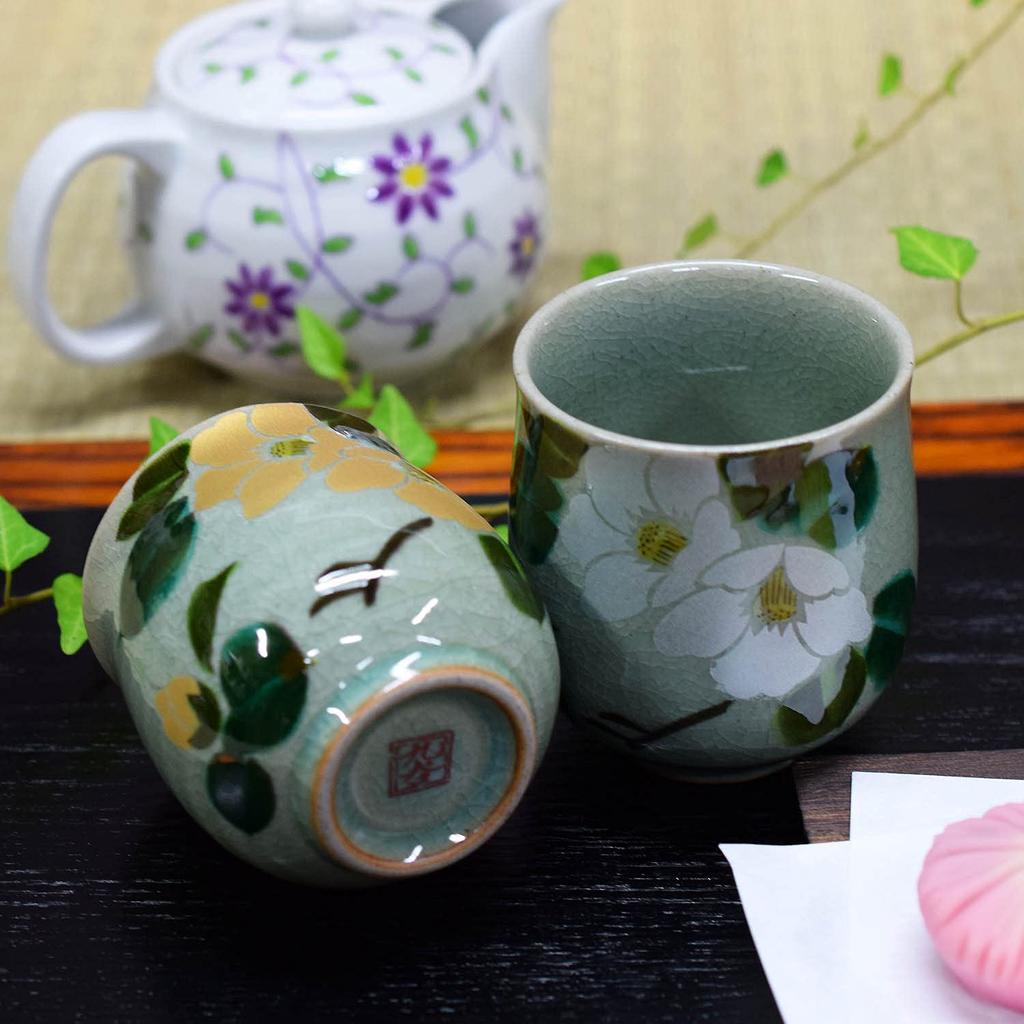 Waza no Kura Stylish Pair of Kutani Ware Teacups with Gold and Silver Camellia Made in A perfect gift for wedding and 88th Designs. Japan.