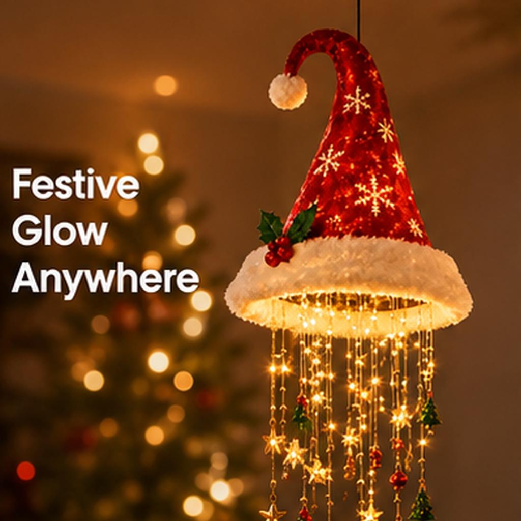 Lighted Santa Hat Pendant Light Hanging Chandelier with LED Bulbs Christmas Holiday Festive Decorative Ceiling Fixture for Home Party Seasonal Indoor