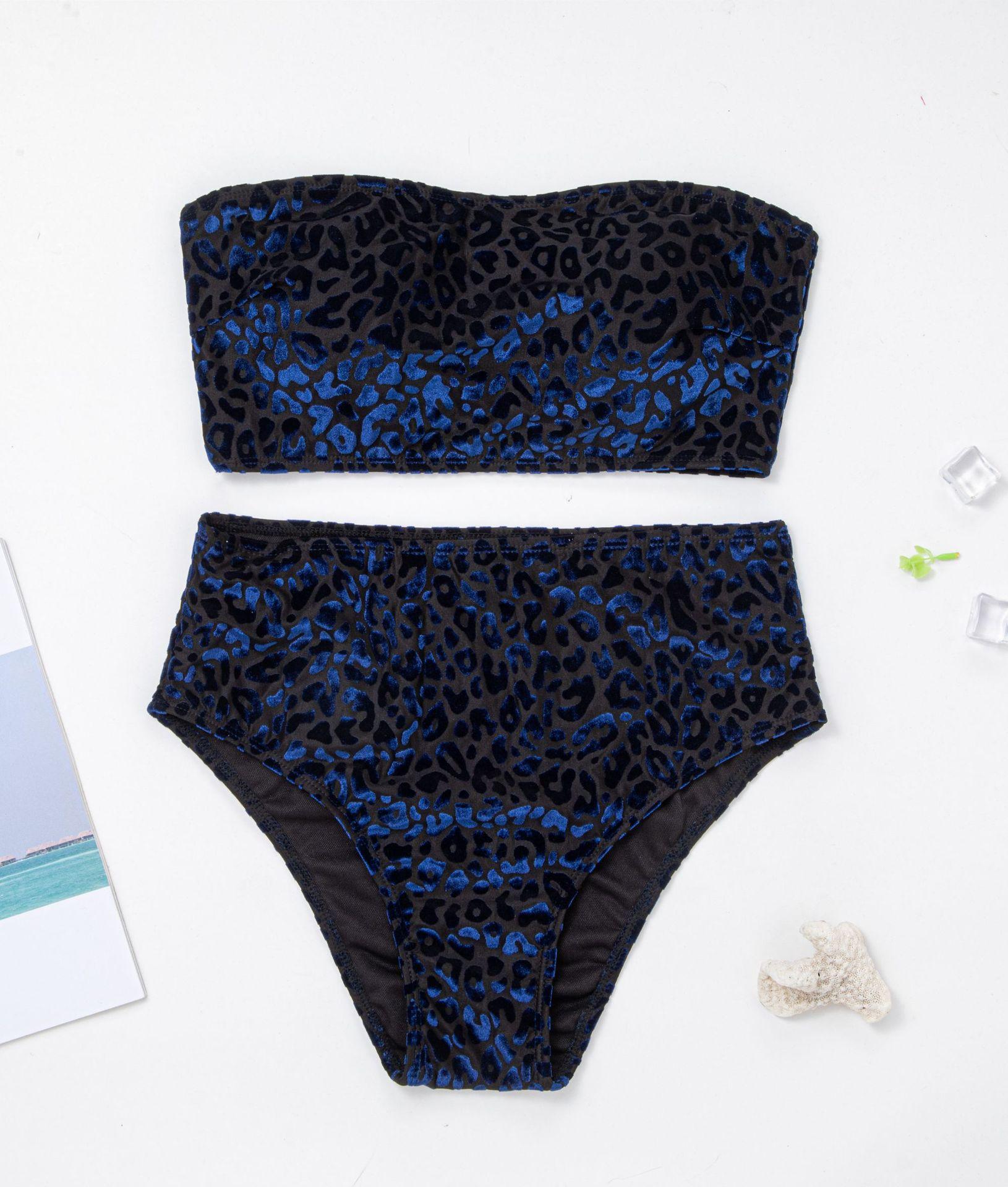 

Женский купальник больших размеров, бархатный сплошной цвет с леопардовым принтом, топ-труба с высокой талией, сексуальное бикини, бразильская пляжная одежда, купальные костюмы L синий