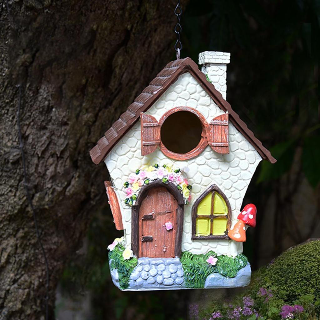 Outdoor Fairy Garden Bird House 8.3-inch Hand-painted Resin Decorated Bird Nest With Chain Waterproof Cute Bird House