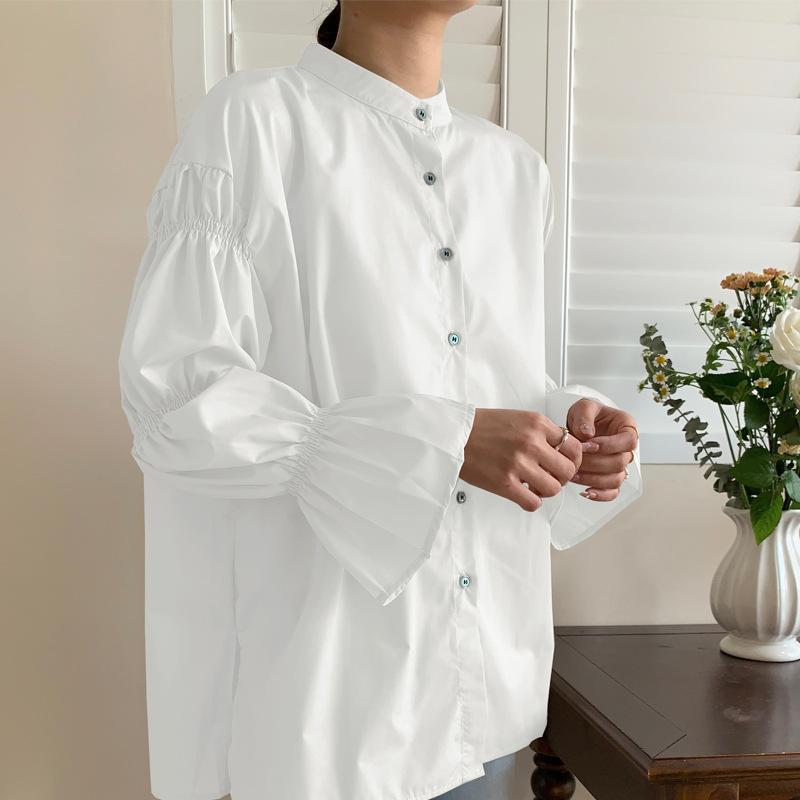 Spring and Autumn Tops Temperament Commuting Loose Lantern Sleeves Niche Design Sense Solid Color Stand-up Collar Shirt Women