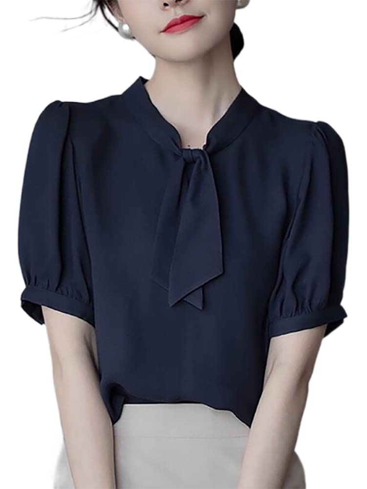 Short Clean [H. Zroy] Shirts, Blouses, Women's Tops, Chiffon, Ribbon, Summer, Sleeves, Plain, Elegant, Office, Slimming, Stylish, OL, Commuting,