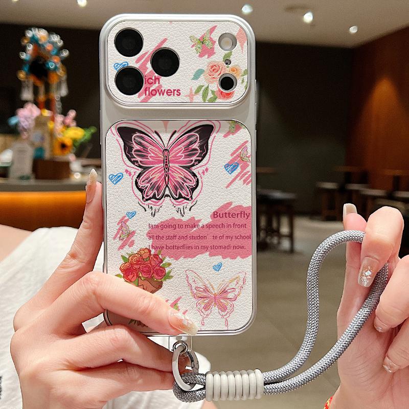 Colorful Butterfly Pattern Leather Lanyard Case For iPhone 18 Pro Max 17 16 15 14 13 Pro Max Luxury Hybrid TPU+PU Anti-skid Soft Phone Cover