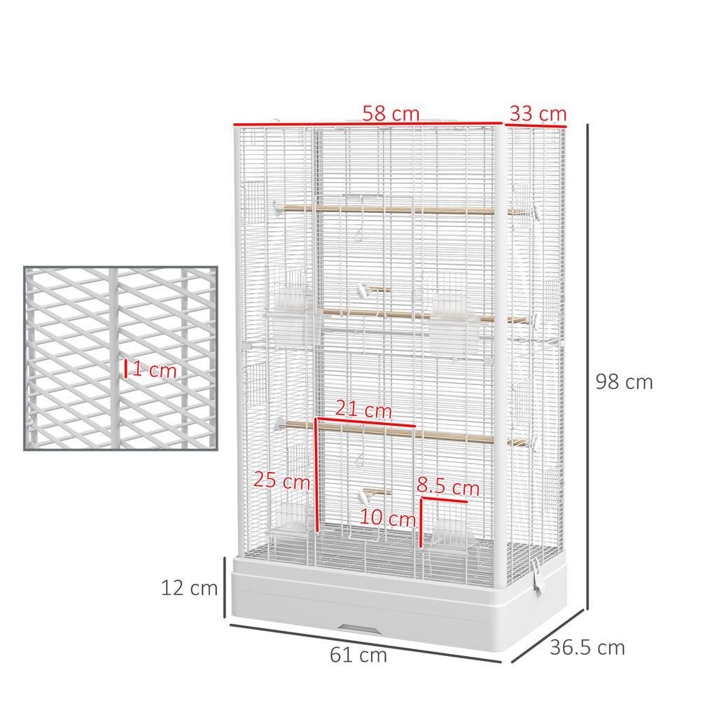 Bird Cage with Removable Tray and Perches, Parrot Aviary, 61x36.5x98 cm, White