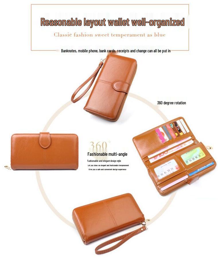 Women's Trifold Leather Wallet - Coin Purse, Card Holder & Phone Bag (Oily Leather, H006)