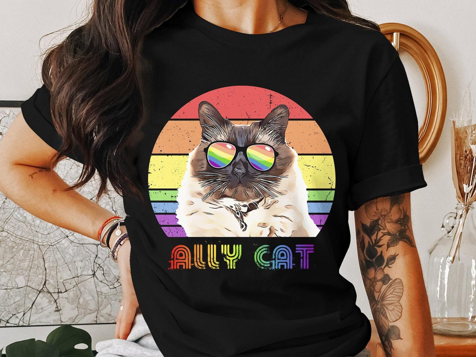 Colorful Ally Cat T-Shirt, Pride Cat with Glasses Graphic Tee, Unisex Rainbow Cat Lover Shirt 3XL