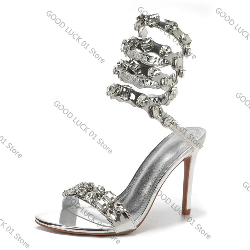 

Fashion Star style Luxury Crystal Embellished Wraparound Women Sandals Stiletto High heels Gladiator Sandals Summer Wedding Prom Shoes 35