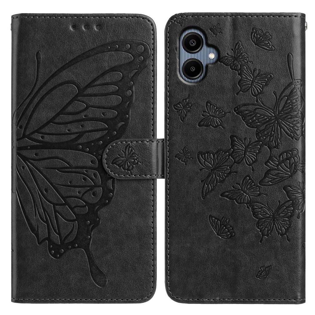 Für Samsung Galaxy A06 5G/A06 4G Hülle Schmetterling Geprägtes Wallet Ständer PU Leder Klapphandyhülle mit Riemen