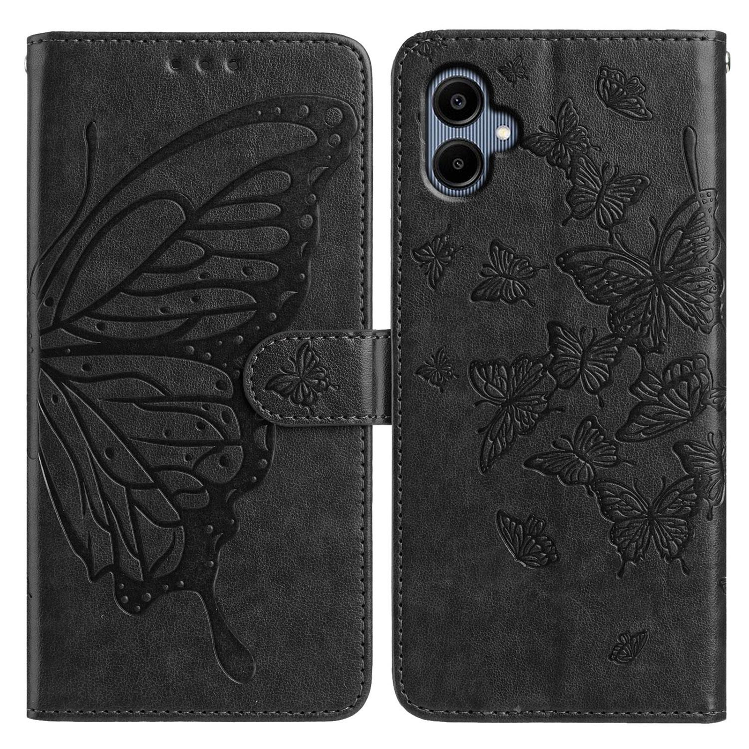 

For Samsung Galaxy A07 Case Butterfly Imprinted Wallet Stand PU Leather Flip Phone Cover with Strap Black