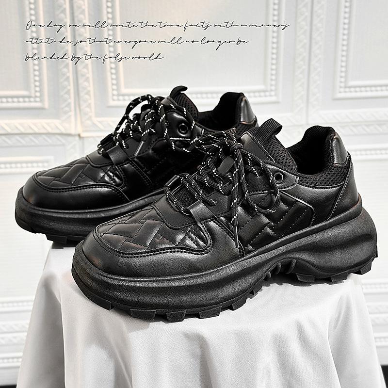 2025 Spring New Leather Shoes Men Hong Kong Style Low-Top Fashion Trend Casual Shoes Comfortable Versatile Platform Sneakers