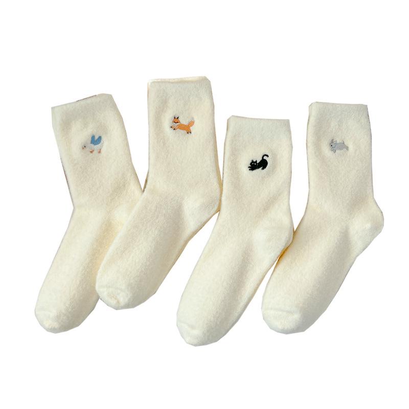 Women's Fluffy Fleece-Lined Mid-Calf Socks - Japanese-Style Cartoon Embroidery