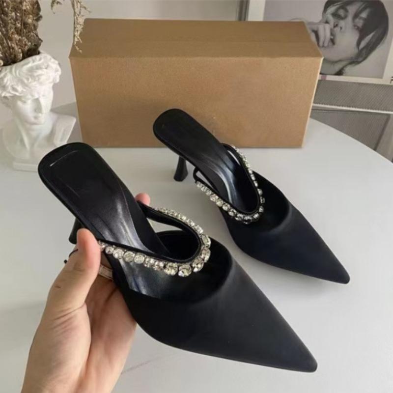 Zomer Hoge Hak Muiltjes Schoenen voor Dames Beige Zwart Suède Glanzende Diamant Ketting Sexy Puntige Neus Feest Sandalen Slingbacks