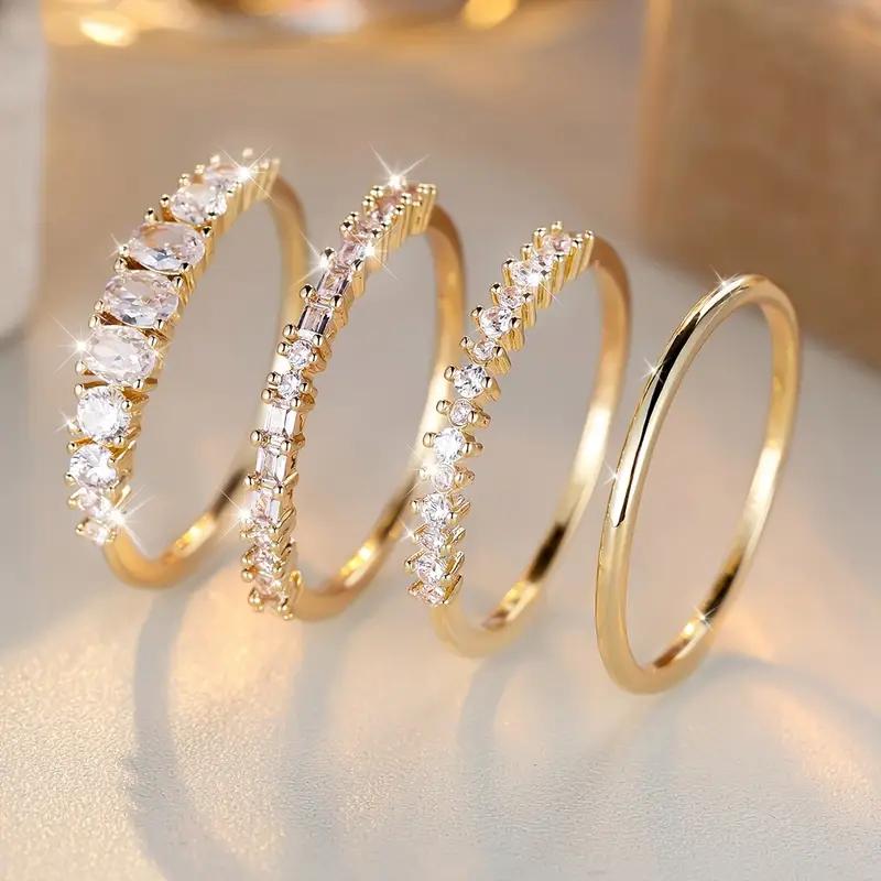 

Exquisite Shining Inlaid Zirconia Geometric Ring 4 Pieces / Set of Women s Fashion Light Luxury Temperament Party Jewelry Gifts 10