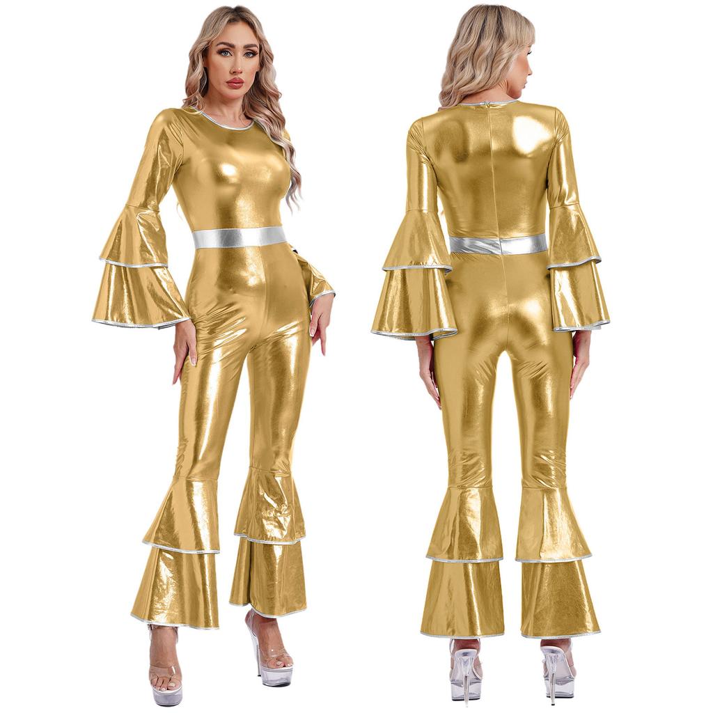 Vrouwen Vintage 70S Disco Metallic Glanzende Jumpsuit Gelaagde Flare Mouw Bell Bottom Hippie Romper Eendelig Danskleding Kostuums
