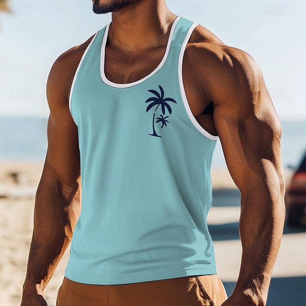 Men's Twin Palm Tree Silhouette Graphic Tropical Hawaiian Minimalist Yellow Tank Top Vest Sleeveless Shirt