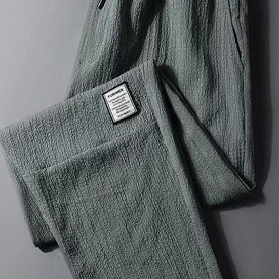 Men Pants Ice Silk Elastic Waist Drawstring Summer Mid Waist Pockets Trousers Streetwear