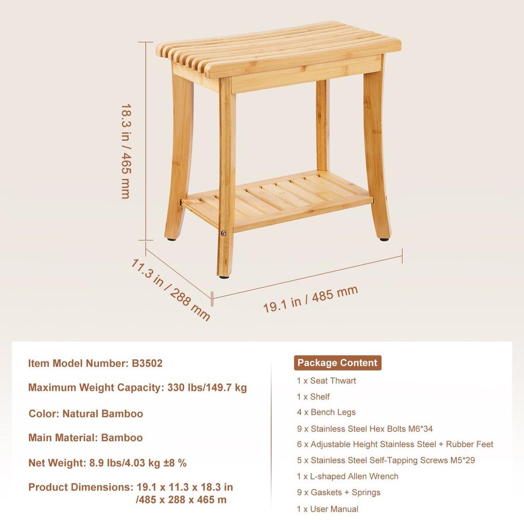 Bamboo Shower Bench 19.1 X 11.3 X 18.3 In Shower Stool Chair for Bathroom