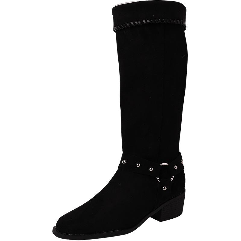 Design Rivet Buckle with Pointed Thick Heel Women's Knight Boots Autumn and Winter Fashion with Coat High Heel Stacking Boots Women's Boots