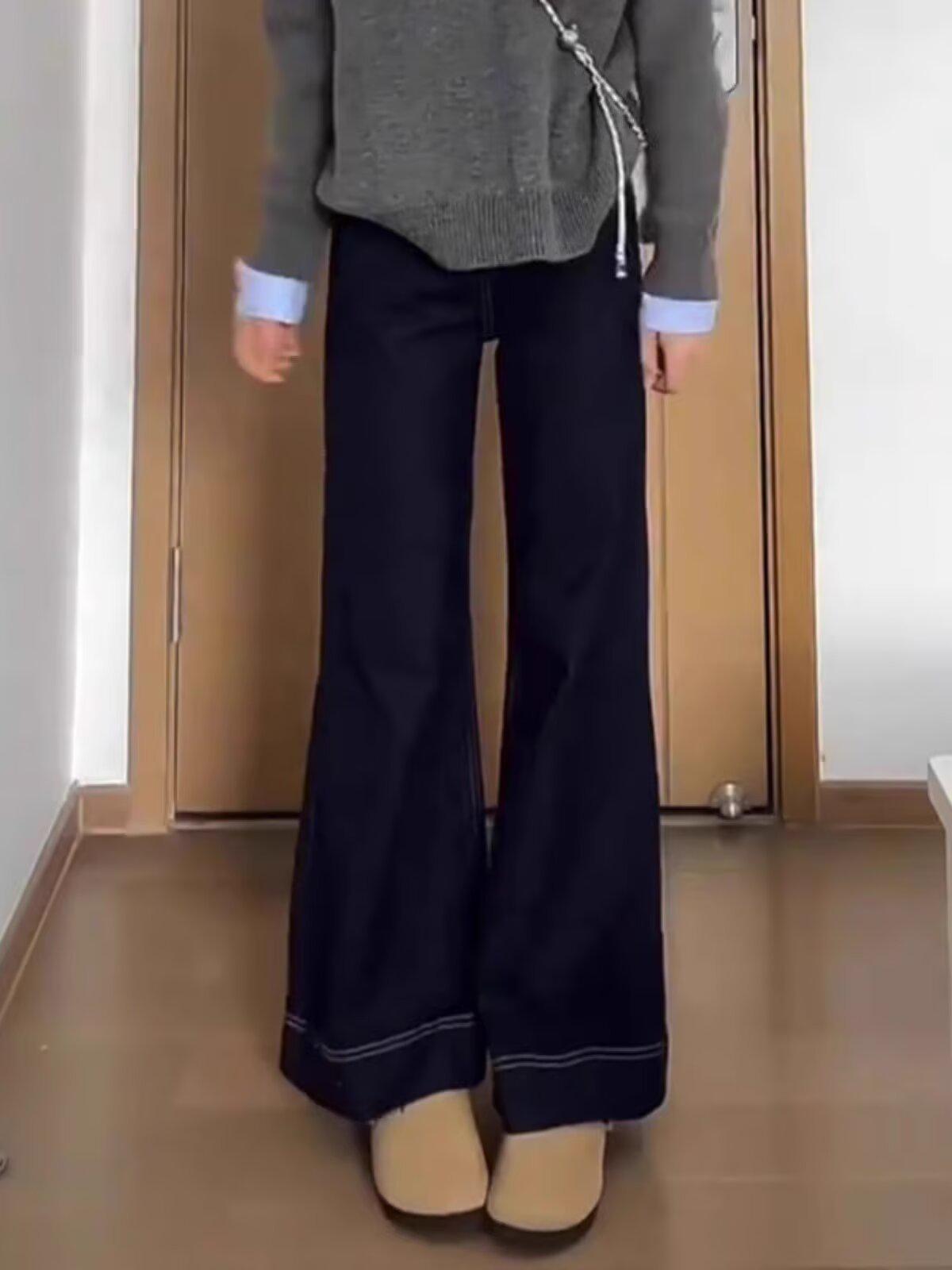 

Женские зимние джинсы 2025 года с высокой посадкой, больших размеров, микро-клеш, широкие штанины S темно-синий