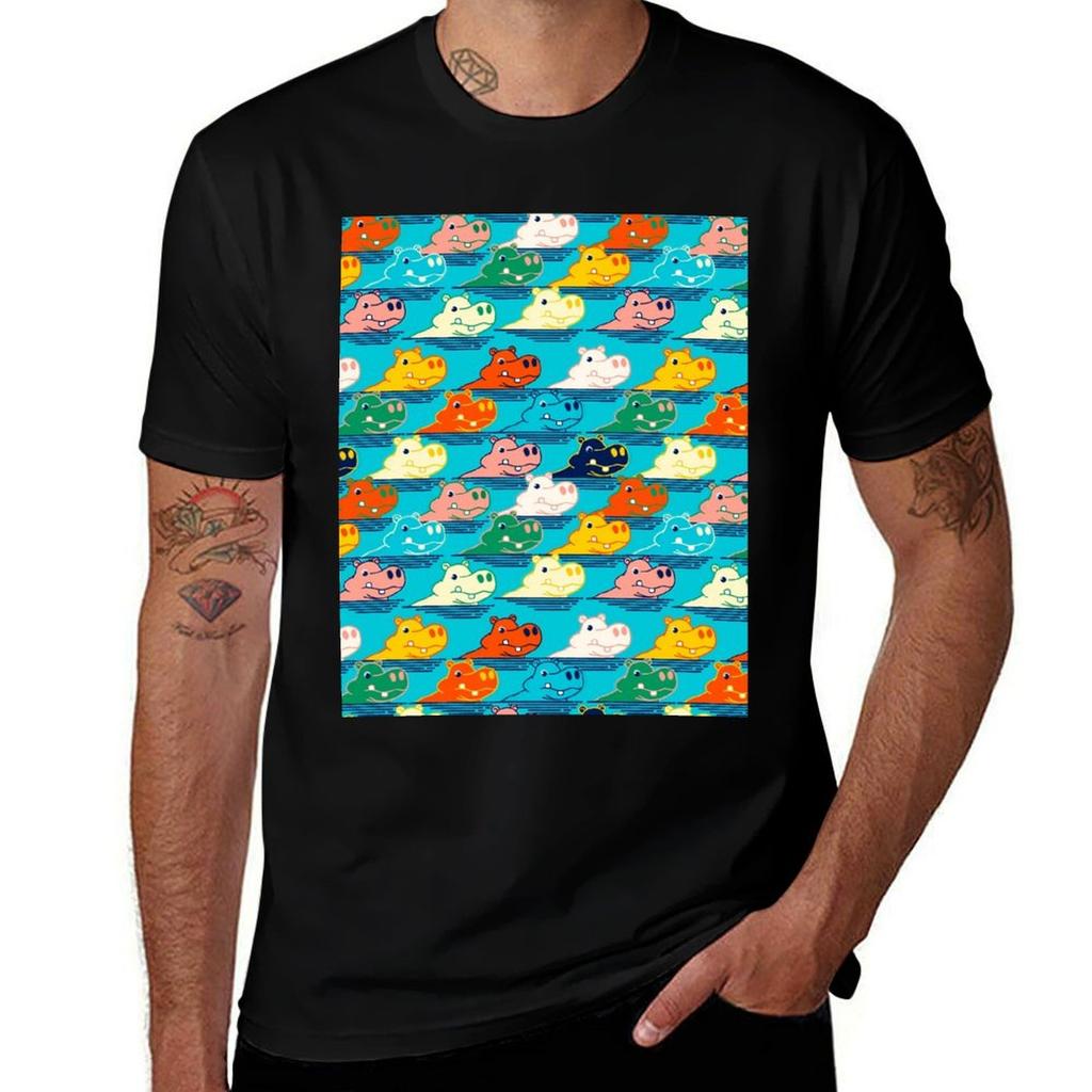 Happy Hippo Family Retro Animal Pattern Tshirt Simple Trendy Casual Tshirt