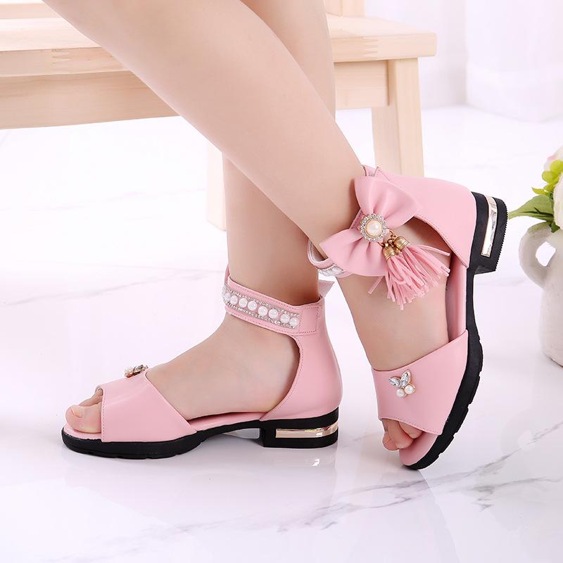 Kinder Bogen Sandalen Kinder Mädchen Sommer Nette Sandalen Strand 2024 Prinzessin Mode High Heels Quaste Schule Schuhe