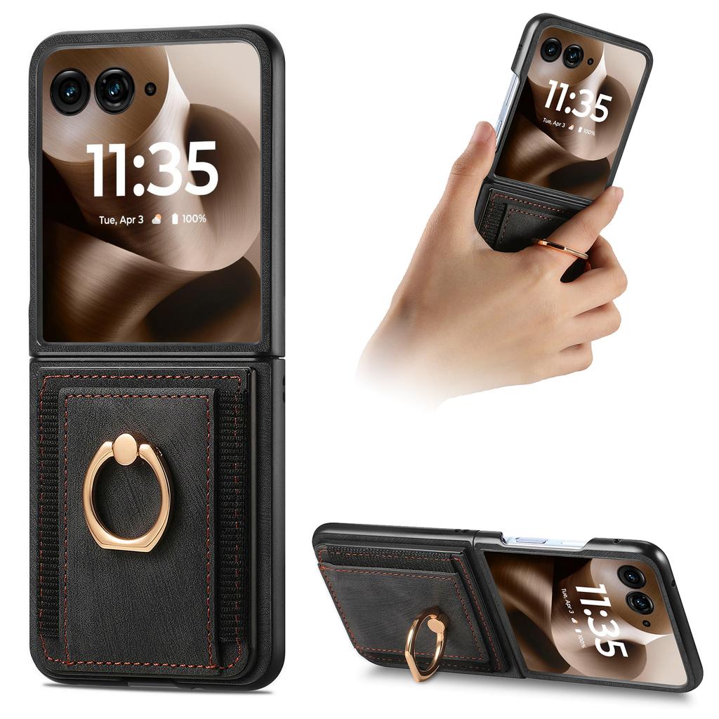 For Motorola Razr 60 Ultra 5G Case Card Holder Retro Leather + PC Phone Cover with Ring Kickstand