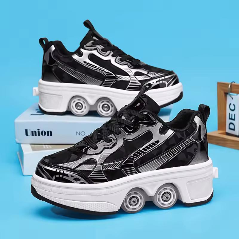 Double Row Quad Roller Skates for Teens-Retractable Wheels Lace-Up Leather Material Shoes Unisex Youth Gift