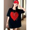 Hot Drilling Love Black T-shirt Female Short Sleeve Tshirt Loose Casual Cotton Top Lady 2022 New Summer T Shirts 40-150KG