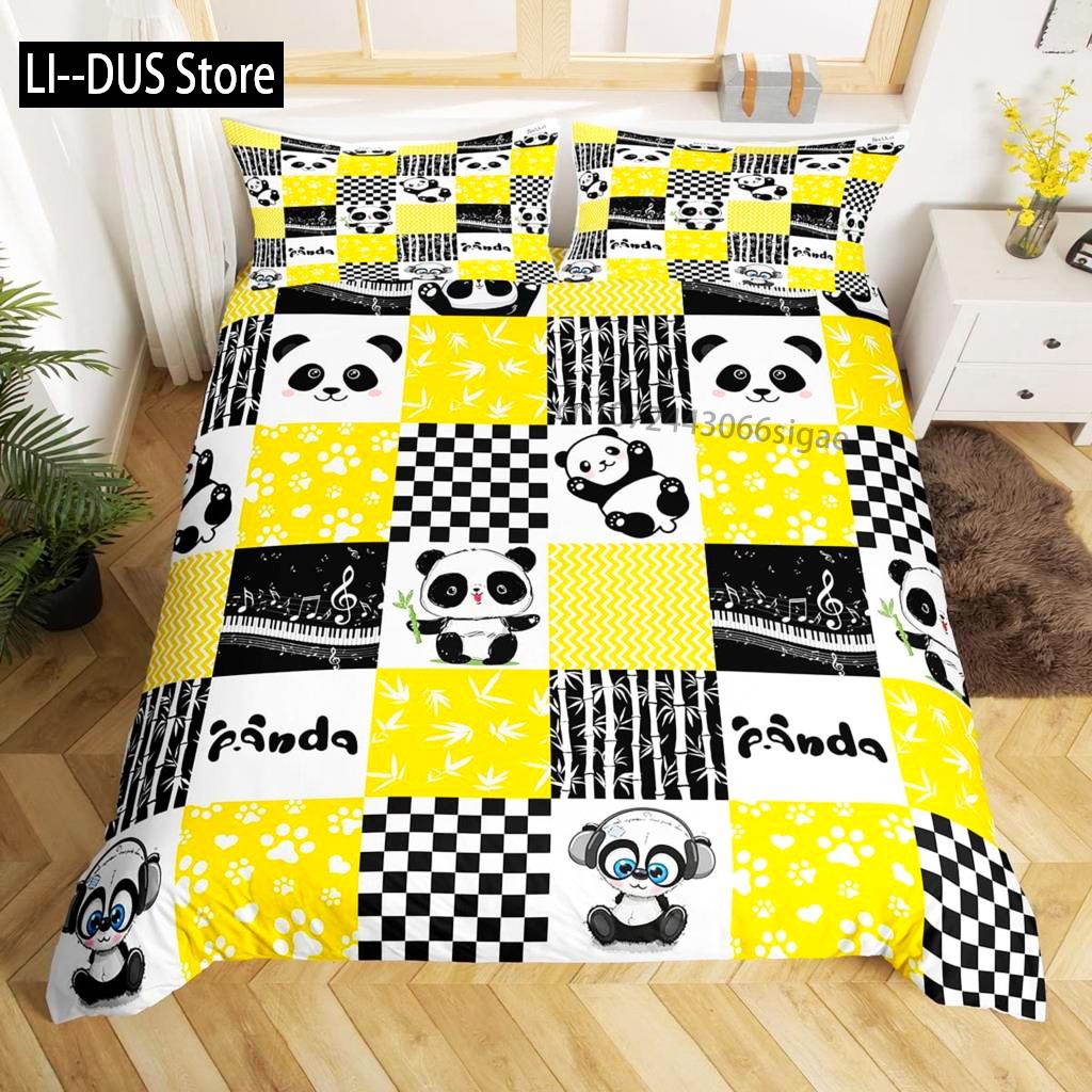 Panda Duvet Cover Set King Size Black And White Animal Comforter Cover With Pillowcases Starry Sky Blue Ultra Soft Quilt Cover