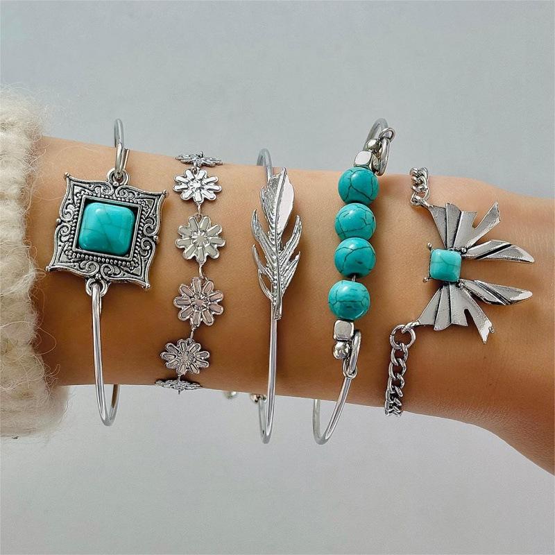 Bohemian Turquoise Leaf Bracelet, Ethnic Bow Flower Turquoise Bracelet Set