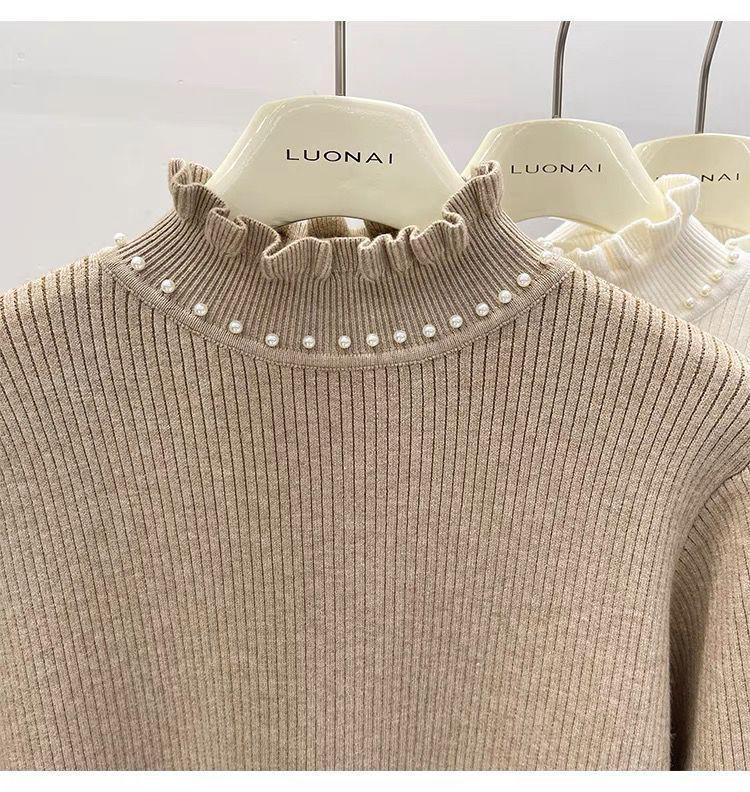 Pulover Tricotat cu Guler de Catifea cu Mărgele pentru Femei Toamnă/Iarnă