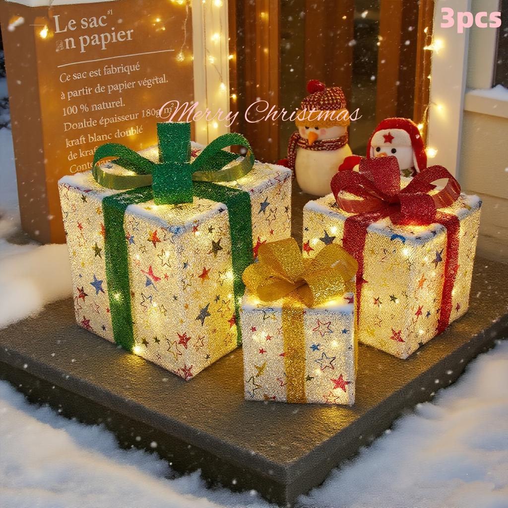 3pcs Lighted Christmas Gift Box Set with Warm LED Lights & Snowy Ribbon Bows  Cordless Holiday Decor (Batteries Not Includ)