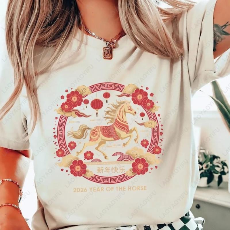 Chinese New Year Horse Cotton Shirts Year Of The Horse Lunar New Year Flower Oneck Printed Tops Ropa Mujer Retro Women Tee