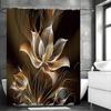 Gold Floral Black Modern Aesthetic Shower Curtain, Bathroom Decorative Shower Curtain, Waterproof Shower Curtain with Hooks