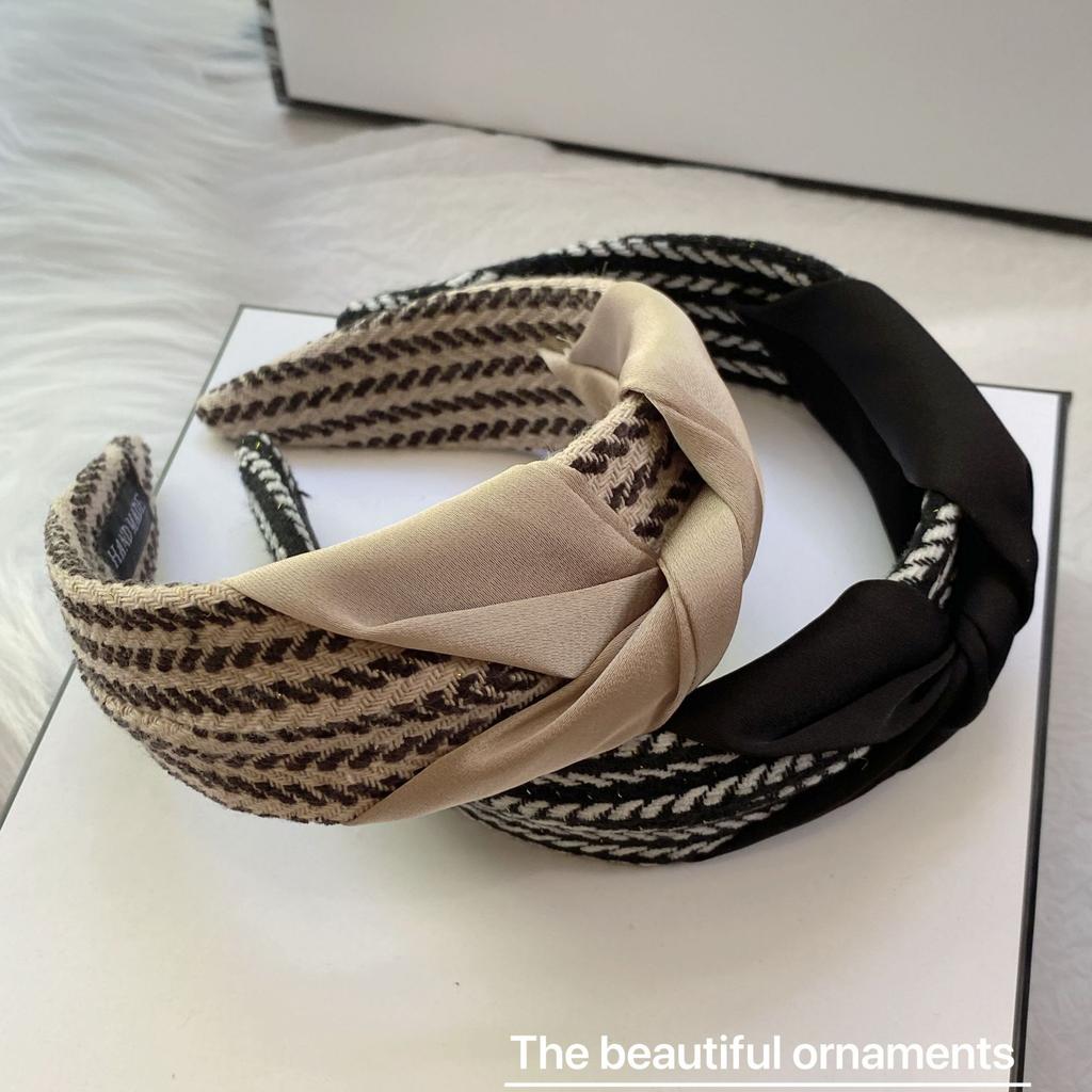 Korean Version Temperament Thousand Bird Grid High-end Feeling Headband Wide Edge Knotted Striped Headband Women's External