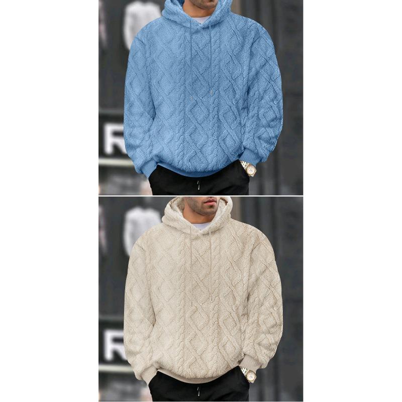 Mens American Casual Loose Fleece Lined Jacquard Hooded Pullover Sweatshirt