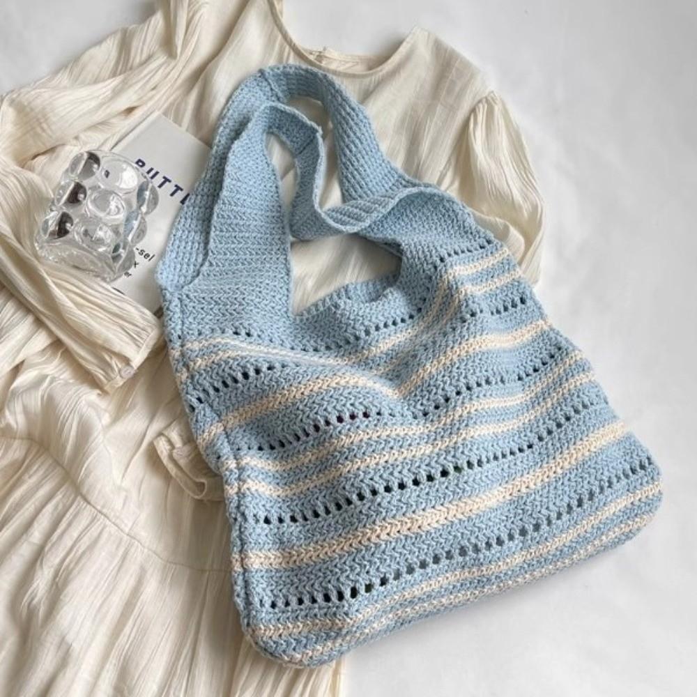 Striped Pattern Woven Shoulder Bag Bohemian Hollow Out Beach Bag New Knitted Tote Bag  Versatile