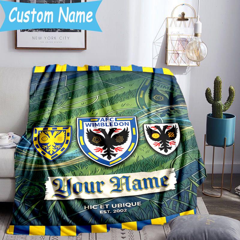 Custom Name Afc Wimbledon Crest Flannel Blanket, Use for Birthday/Holiday Gift, Soft Blanket for Sofa/Bed/Camping/Office, Home Decor