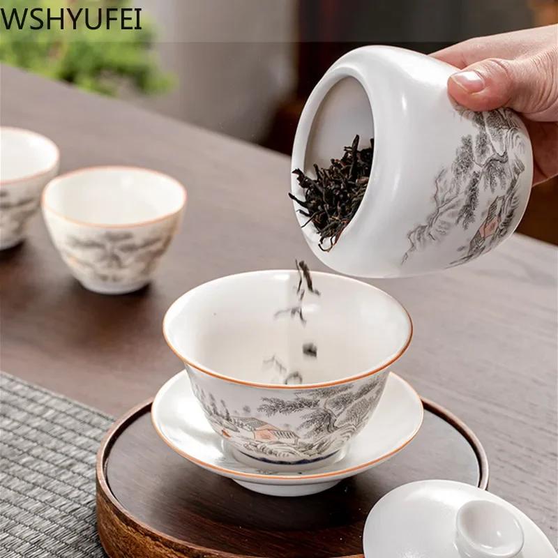 Jingdezhen Ceramic Gaiwan Teacup Handmade Tea Tureen Boutique Tea Bowl Chinese Porcelain Teaware Accessories Drinkware