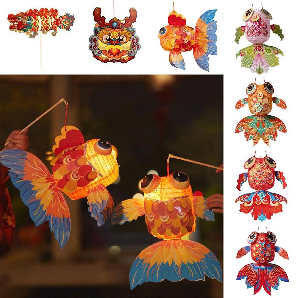 Cartoon Koi Chinese New Year Lantern Kit with Light Dancing Dragon New Year Lantern Photo Props Handheld Lucky Charm Light