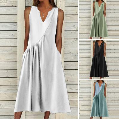Sommer Damenkleid V-Ausschnitt Plissee A-Linie Locker Saum Ärmellos Patchwork Uni