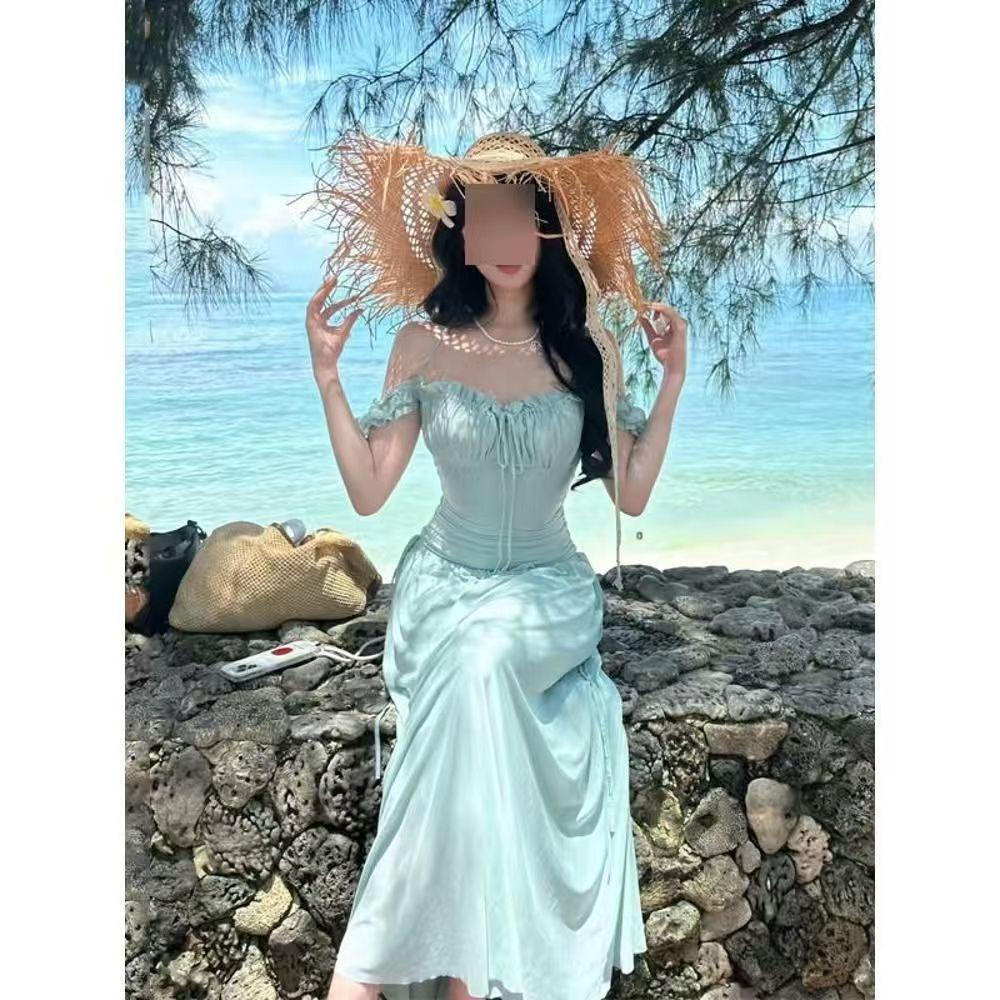French super fairy square collar one-word shoulder dress women's summer new waist and thin seaside vacation wind beach dress