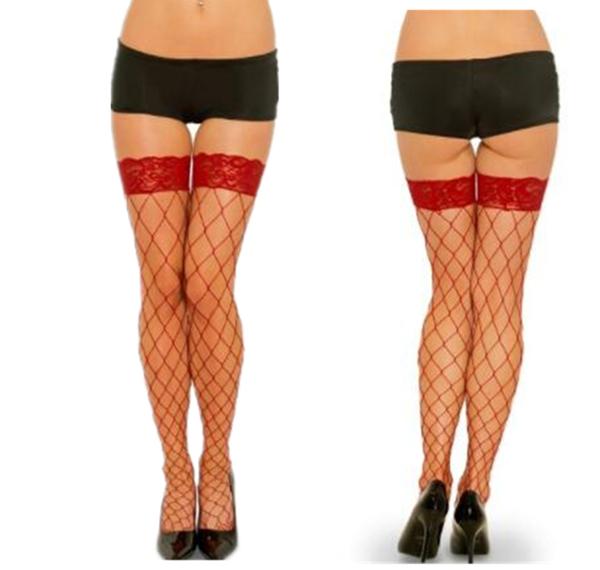 Sexy Big Mesh Stockings Women Lace Top Sheer Stay Up Thigh High Stockings Ladies Black White Red Nylon Fishnet Pantyhose