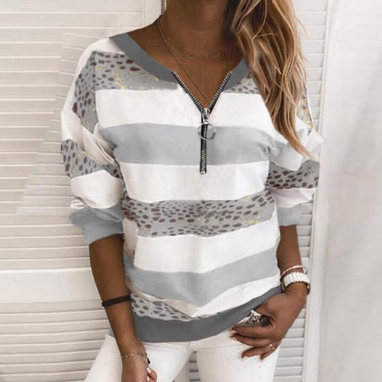Moda Mujer Sudaderas con Capucha Patchwork Rayas Leopardo Manga Larga Cremallera Jersey Blusa Ropa Street Wear